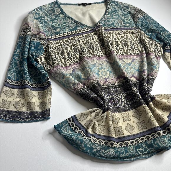 Boho Paisley Floral Mesh Top V Neck Stretch Y2K Indie Cottagecore L Witchy Artsy - Picture 5 of 11